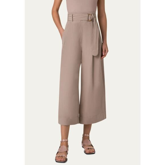 AKRIS PUNTO Fiorella Belted Pants Dark Olive Cropped Wide-Leg Linen Women's 16 - Picture 2 of 10